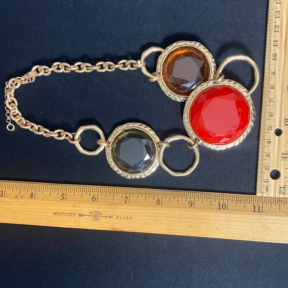 Gold Tone Chunky Chain Statement Necklace Red Brown Black Gemstones